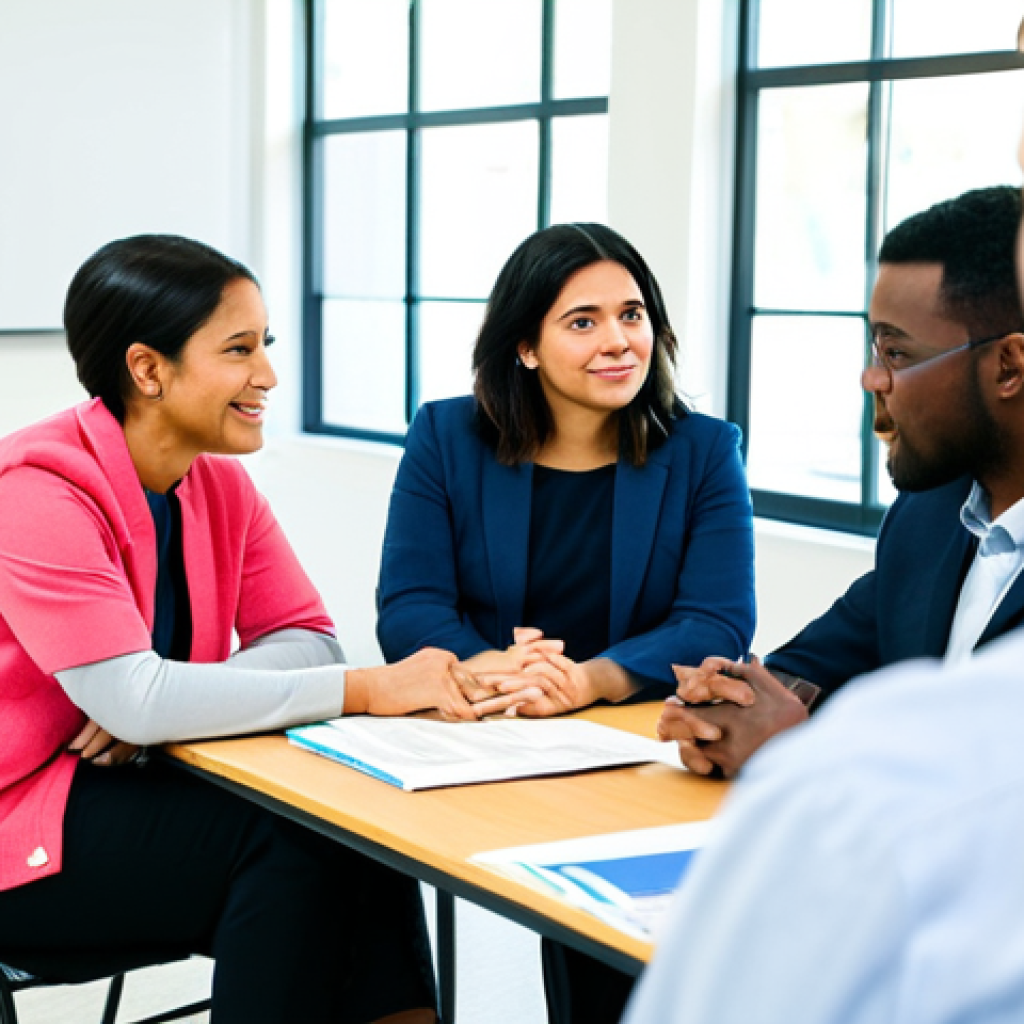 Reintegration Support Meeting**

"A diverse group of adults, fully clothed in professional and modest attire, participating in a reintegration support meeting. The setting is a bright, modern community center. Some are listening attentively, others are engaged in conversation. Focus on the supportive atmosphere. Include elements like brochures for job training and mental health resources on the tables. Safe for work, appropriate content, professional, perfect anatomy, correct proportions, natural pose, well-formed hands, proper finger count, natural body proportions, high quality."

**