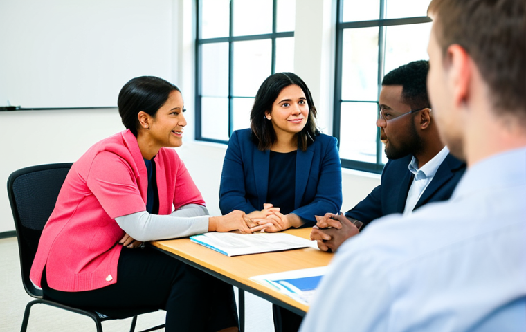 Reintegration Support Meeting**

"A diverse group of adults, fully clothed in professional and modest attire, participating in a reintegration support meeting. The setting is a bright, modern community center. Some are listening attentively, others are engaged in conversation. Focus on the supportive atmosphere. Include elements like brochures for job training and mental health resources on the tables. Safe for work, appropriate content, professional, perfect anatomy, correct proportions, natural pose, well-formed hands, proper finger count, natural body proportions, high quality."

**
