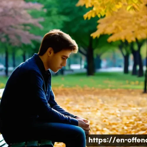 Home 13 범죄자의 자수 동기 연구 - A somber, introspective scene of a young adult man sitting alone on a park bench at dusk, head bowed...