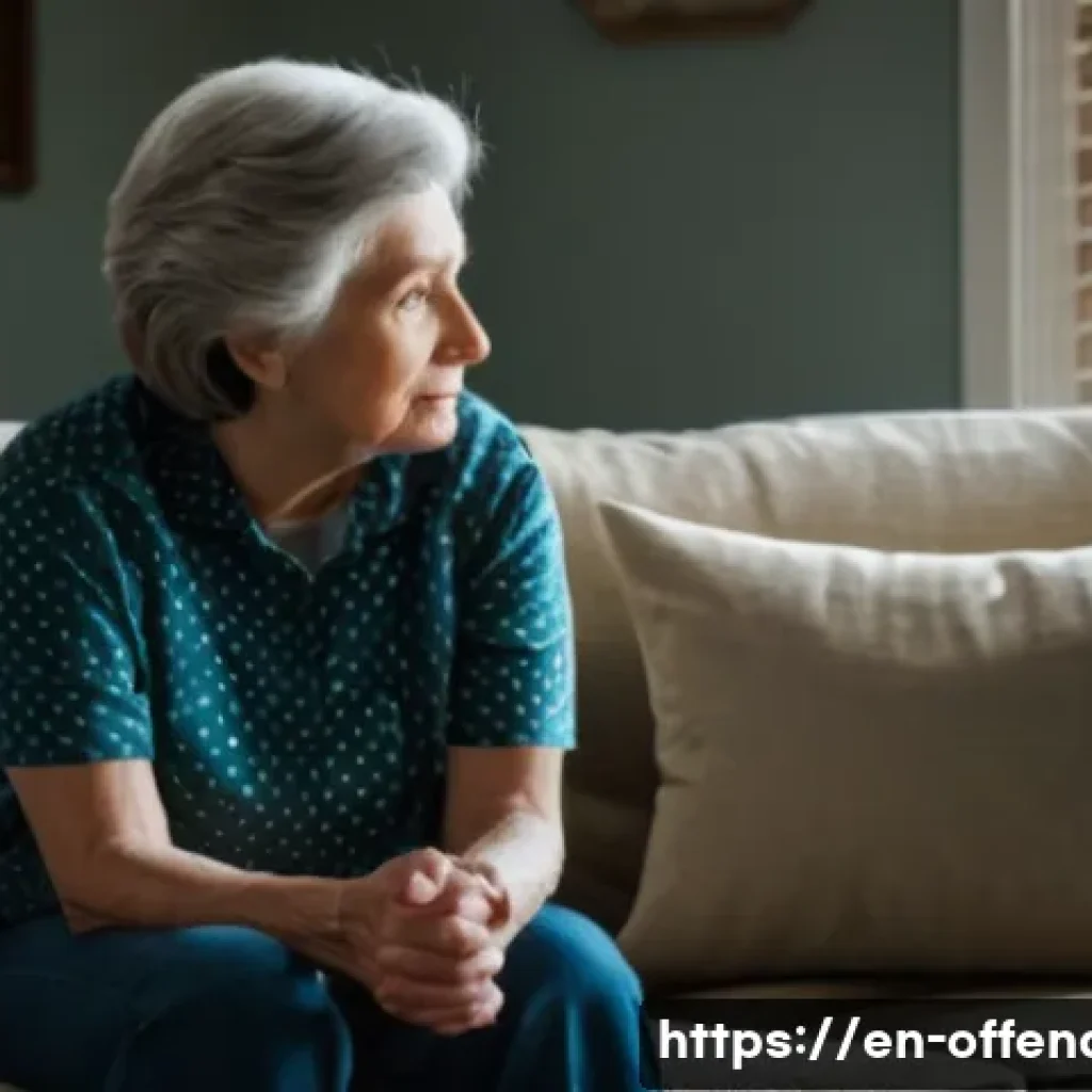 강력범죄자의 가족 인터뷰 사례 - A somber living room scene depicting a middle-aged mother sitting alone on a worn sofa, hands claspe...