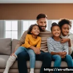 강력범죄자의 가족 관계 분석 - A detailed, emotionally charged scene inside a modest living room showing a family of four—a mother,...