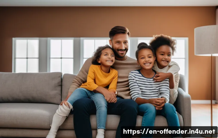 강력범죄자의 가족 관계 분석 - A detailed, emotionally charged scene inside a modest living room showing a family of four—a mother,...