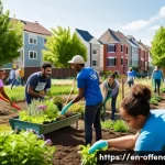 과거 범죄자의 사회 복귀 사례 - A diverse group of adults volunteering together in a community garden in an urban neighborhood, wear...