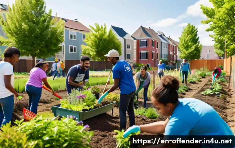 과거 범죄자의 사회 복귀 사례 - A diverse group of adults volunteering together in a community garden in an urban neighborhood, wear...
