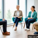 가정폭력 가해자의 재범 방지 프로그램 - A compassionate group therapy session in a modern rehabilitation center, showing diverse adult men a...