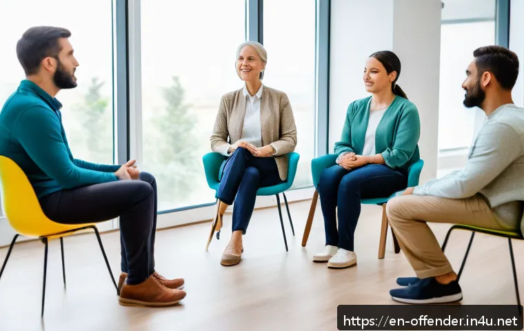 가정폭력 가해자의 재범 방지 프로그램 - A compassionate group therapy session in a modern rehabilitation center, showing diverse adult men a...