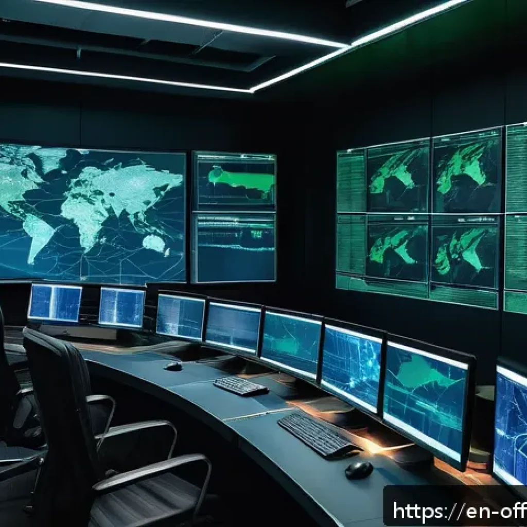 조직범죄 가해자의 네트워크 구조 - A detailed cybercrime investigation room scene showing multiple large monitors displaying complex ne...