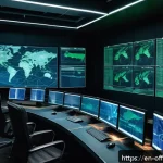 조직범죄 가해자의 네트워크 구조 - A detailed cybercrime investigation room scene showing multiple large monitors displaying complex ne...