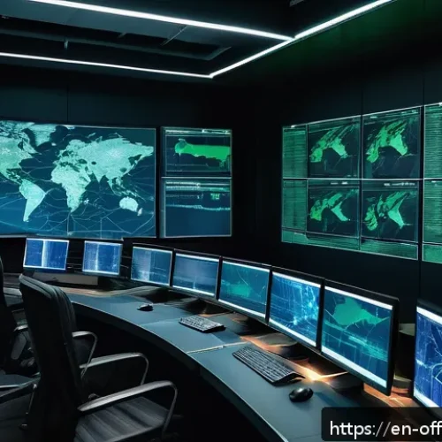 조직범죄 가해자의 네트워크 구조 - A detailed cybercrime investigation room scene showing multiple large monitors displaying complex ne...
