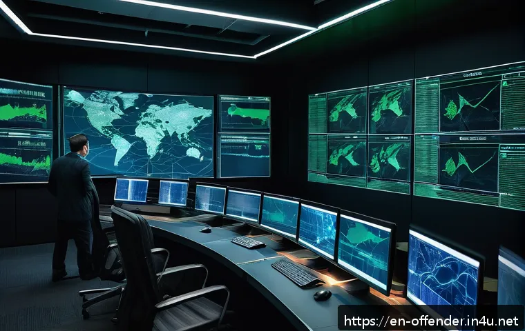 조직범죄 가해자의 네트워크 구조 - A detailed cybercrime investigation room scene showing multiple large monitors displaying complex ne...