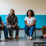 범죄자의 심리 치료 성공 사례 - A diverse group therapy session inside a modern correctional facility, featuring adult offenders sit...