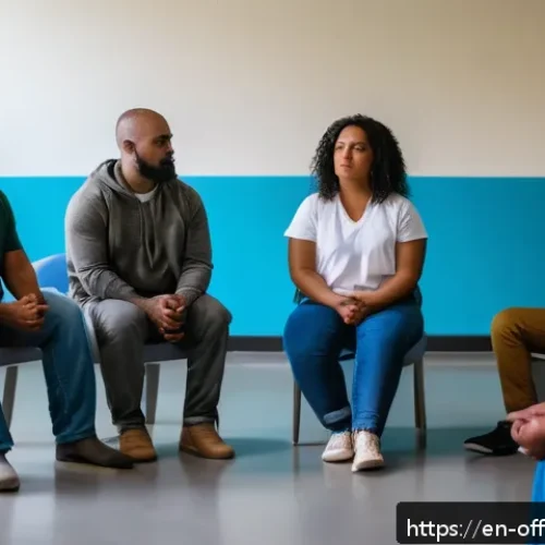 범죄자의 심리 치료 성공 사례 - A diverse group therapy session inside a modern correctional facility, featuring adult offenders sit...