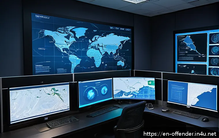 살인범 프로파일링 기법 - A detailed forensic crime scene analyst’s workspace featuring multiple computer screens displaying g...